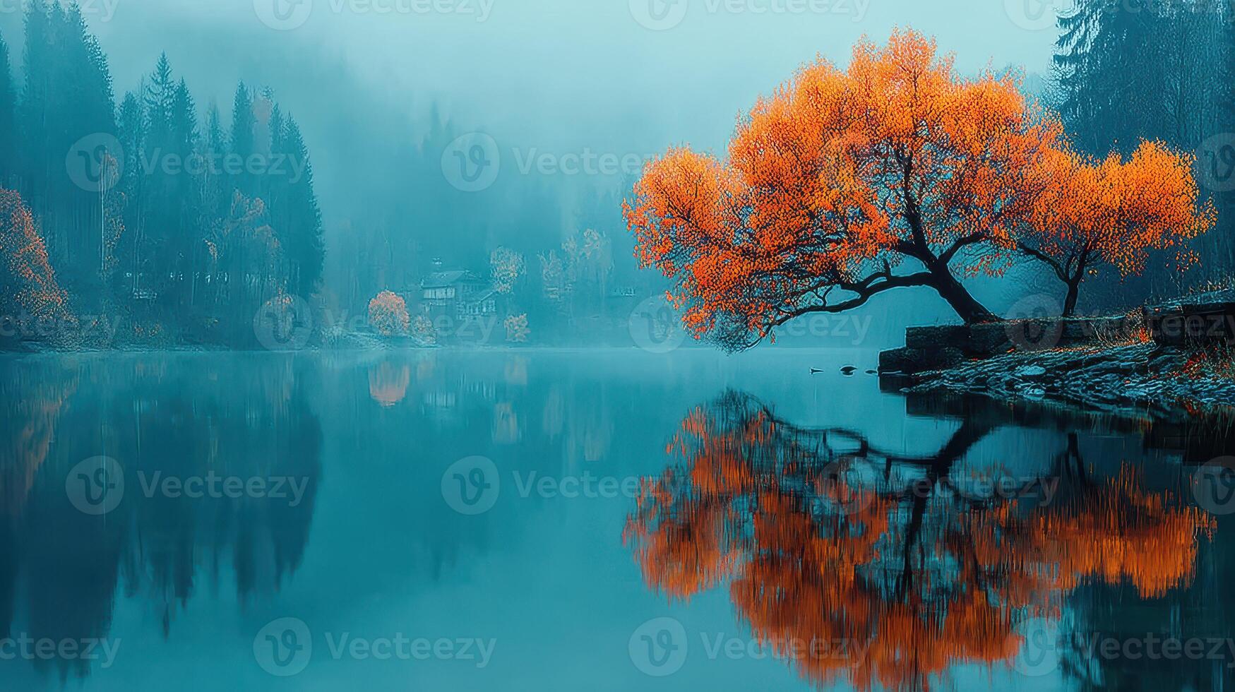 Fall foliage reflects on tranquil lake at dawn with misty mountains in the background photo