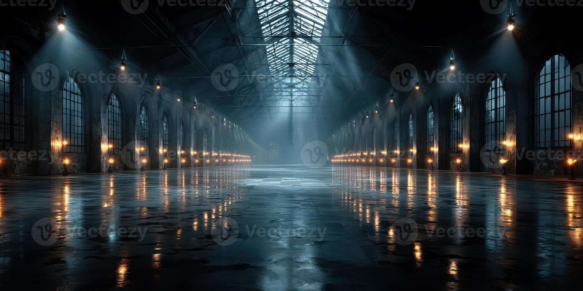 Industrial hall illuminated by soft light creates a moody atmosphere for events and gatherings photo