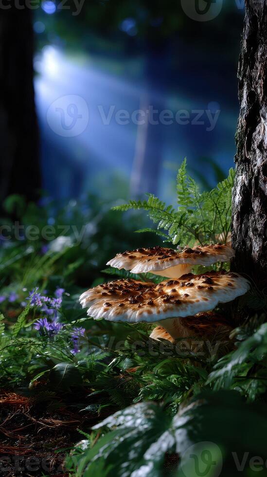 Mushrooms growing on a tree trunk in a lush forest with sunlight filtering through trees during early morning photo