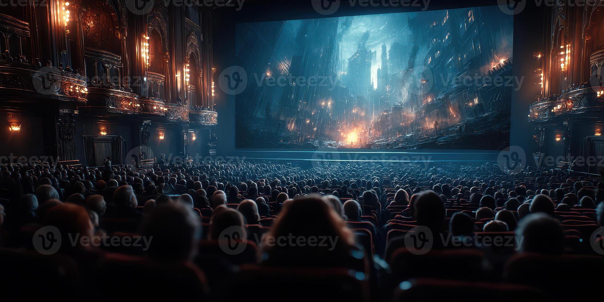 Audience captivated by a cinematic experience in a historic theater showcasing a futuristic landscape photo