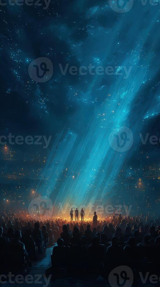 Audience watches performers under a dramatic blue light display in an indoor venue during an evening event photo