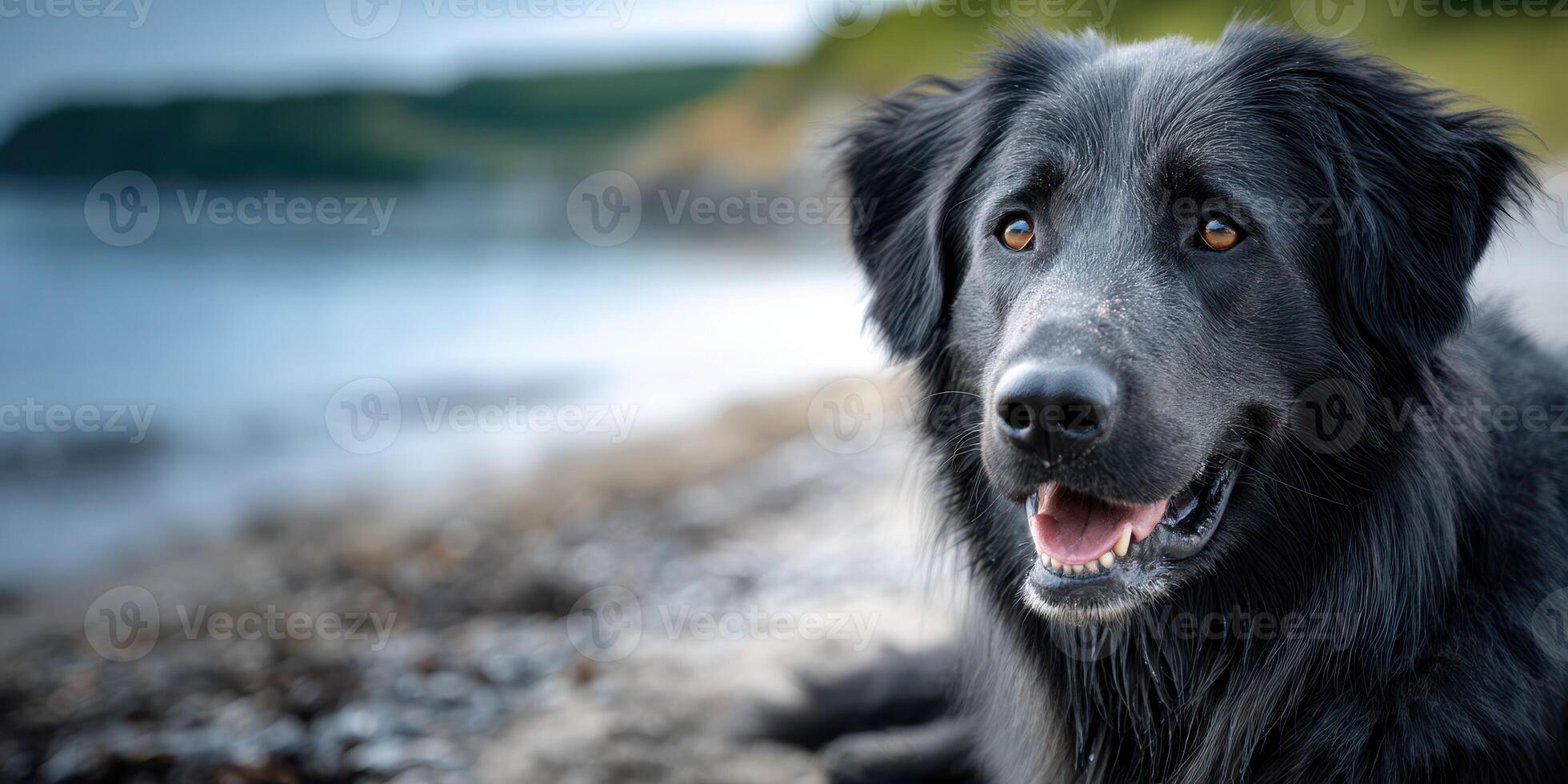 Black dog enjoys a sunny day by the beach, bringing joy to those around on a beautiful seaside outing photo