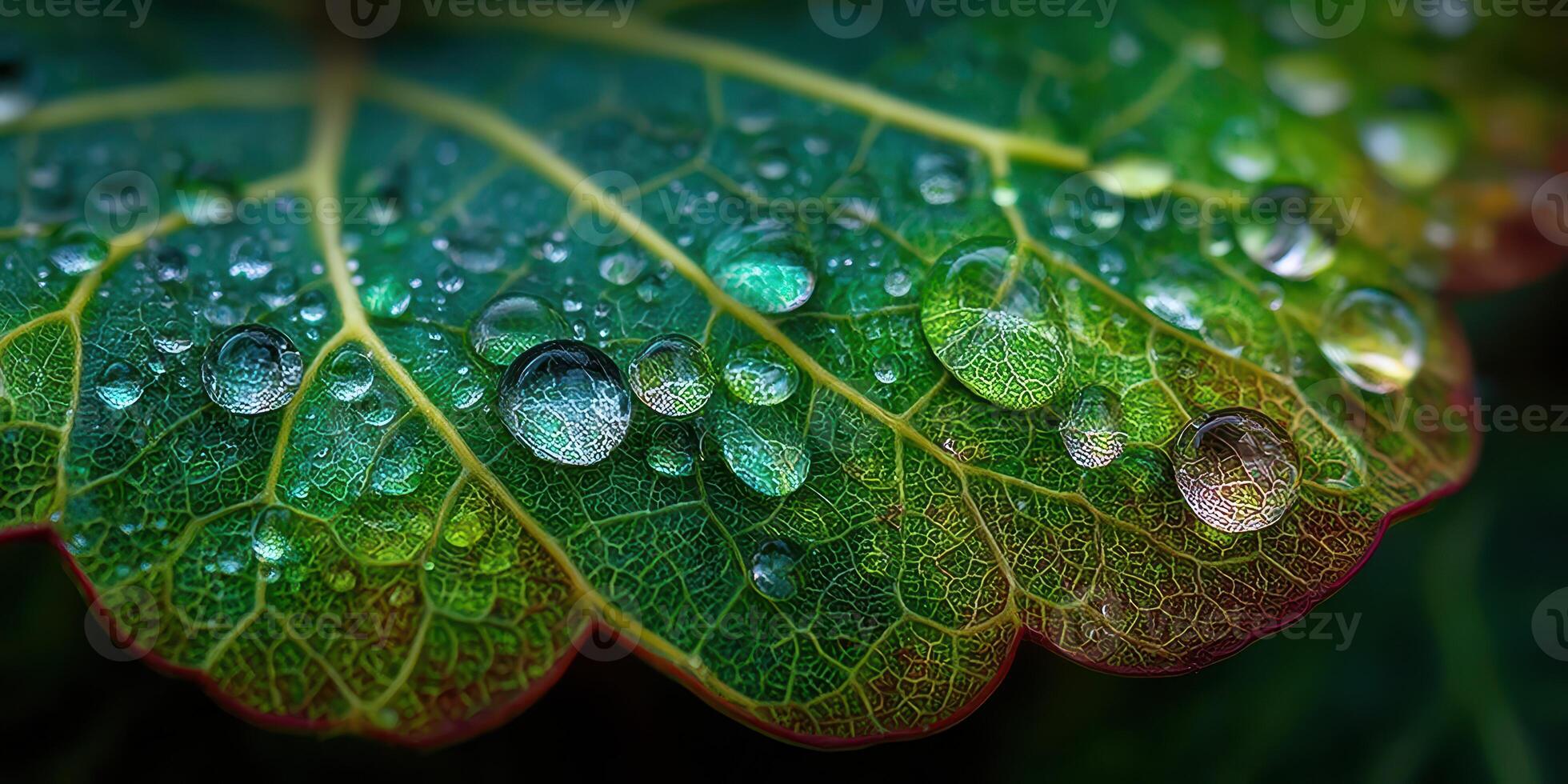 Close-up view of fresh green leaf with water droplets captured after rain in a garden during early morning hours photo