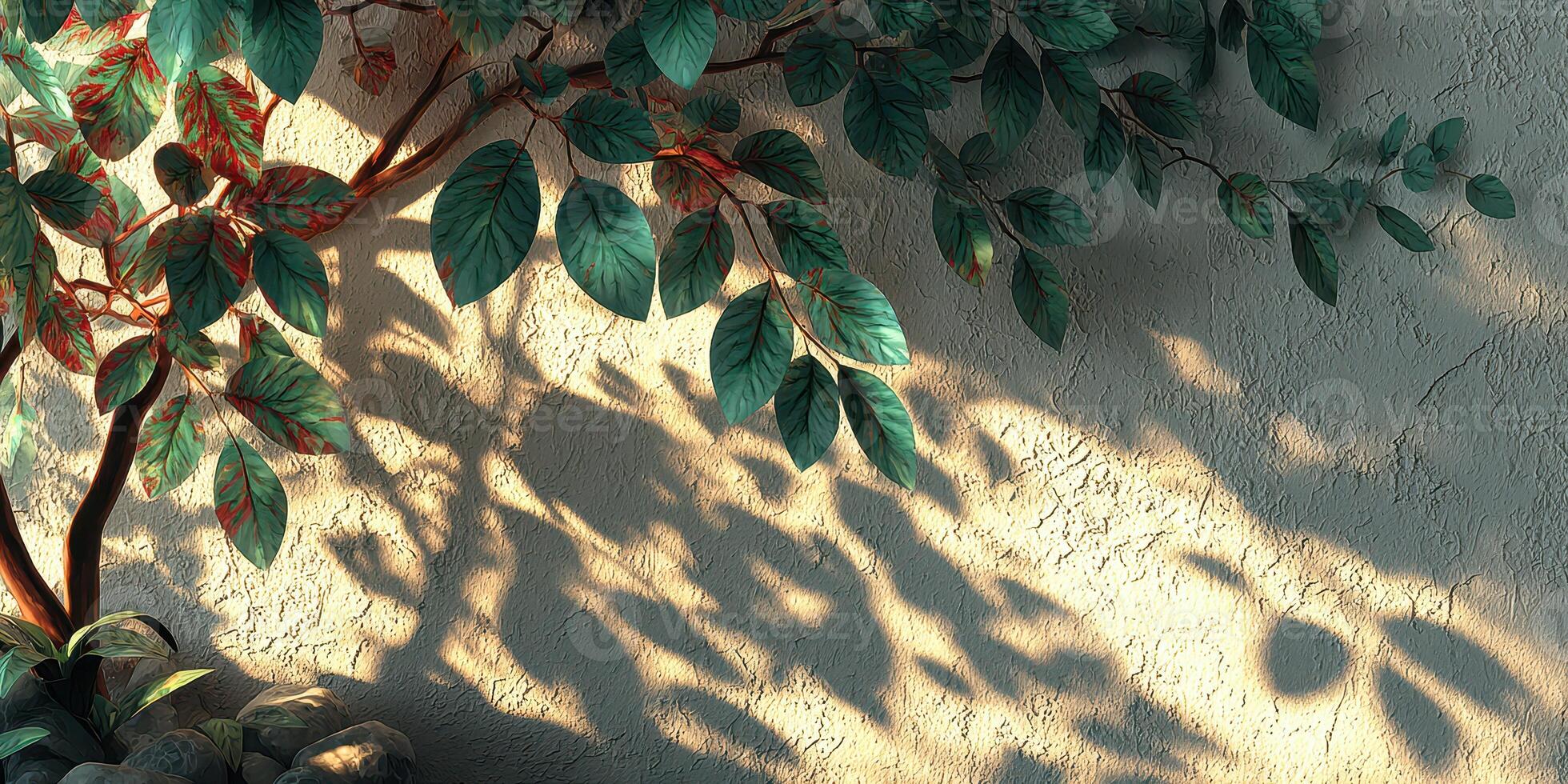 Lush green leaves cast shadows on a textured wall during the golden hour of a sunny afternoon photo