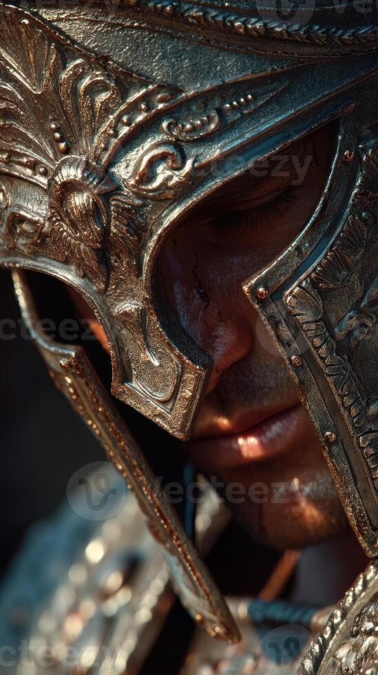 Warrior in intricately designed helmet displays fierce determination during medieval reenactment photo