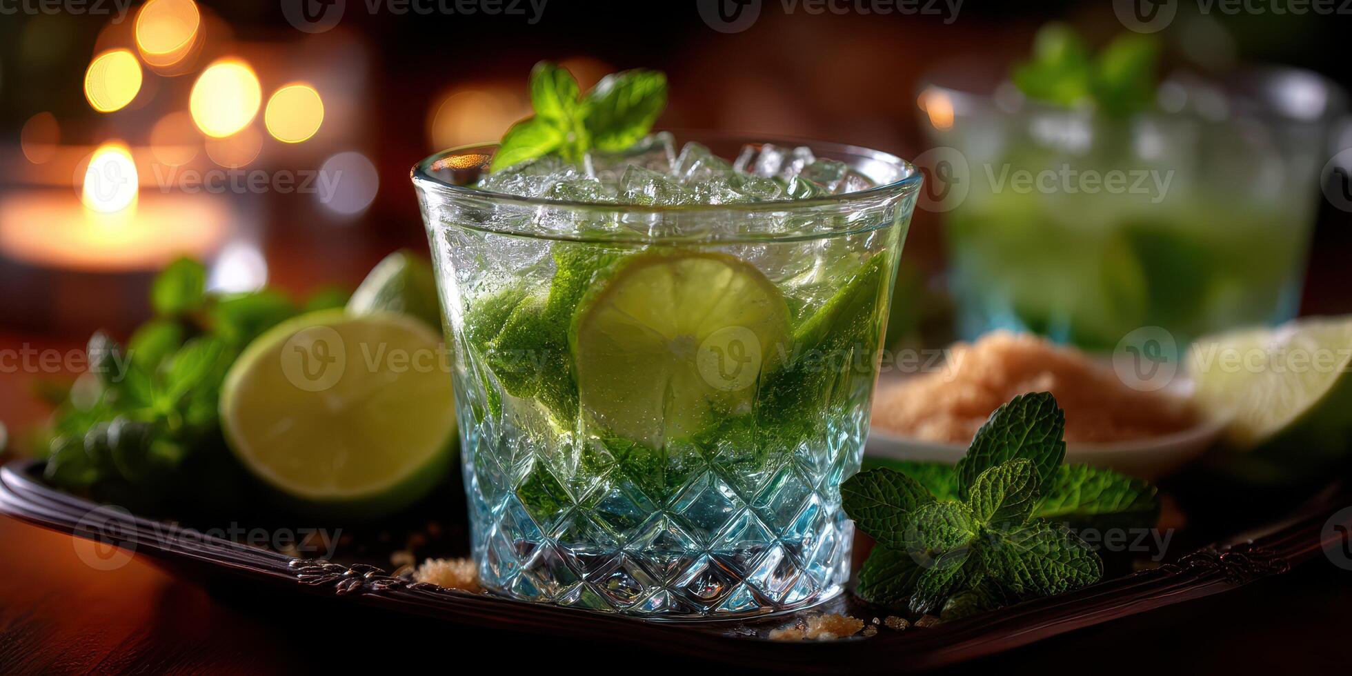Refreshing mojito cocktail served with fresh mint and lime in a cozy setting during the evening photo