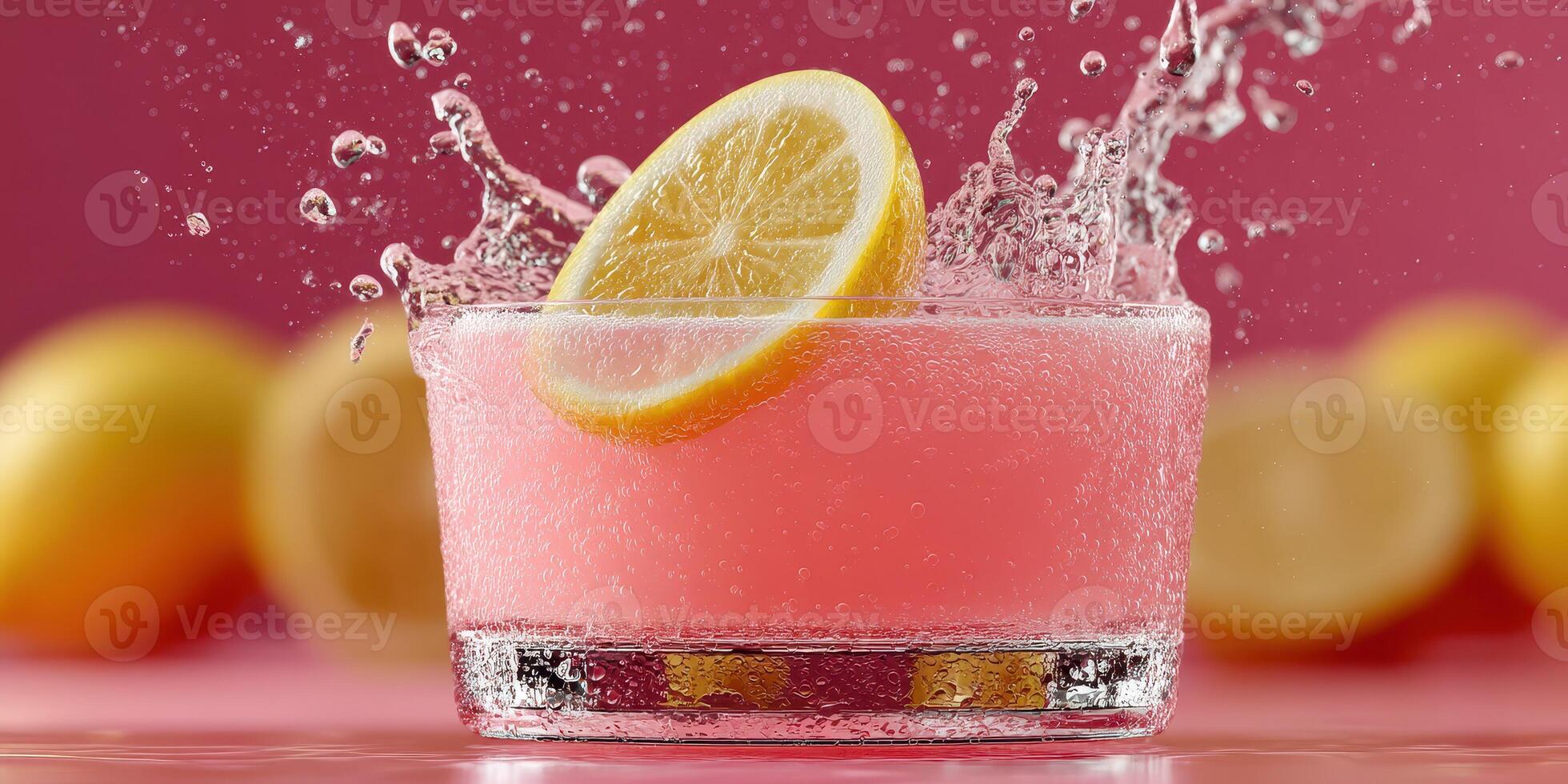Refreshing pink lemonade in a glass with lemon slice and splashes against a vibrant background photo