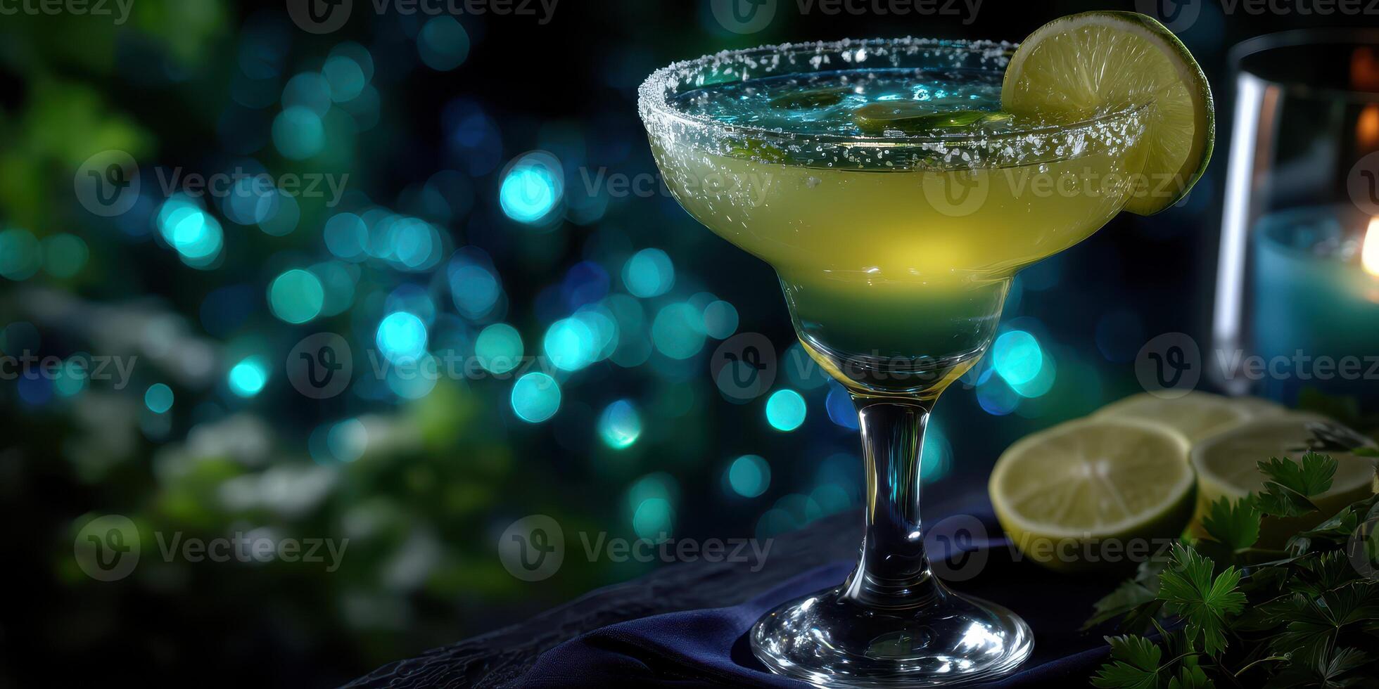 Refreshing margarita cocktail served with lime slices against a sparkling blue background in evening setting photo
