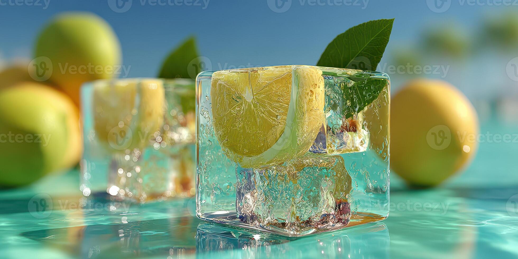 Refreshing lemonade drinks with ice and lemon slices on a sunny day by the poolside photo