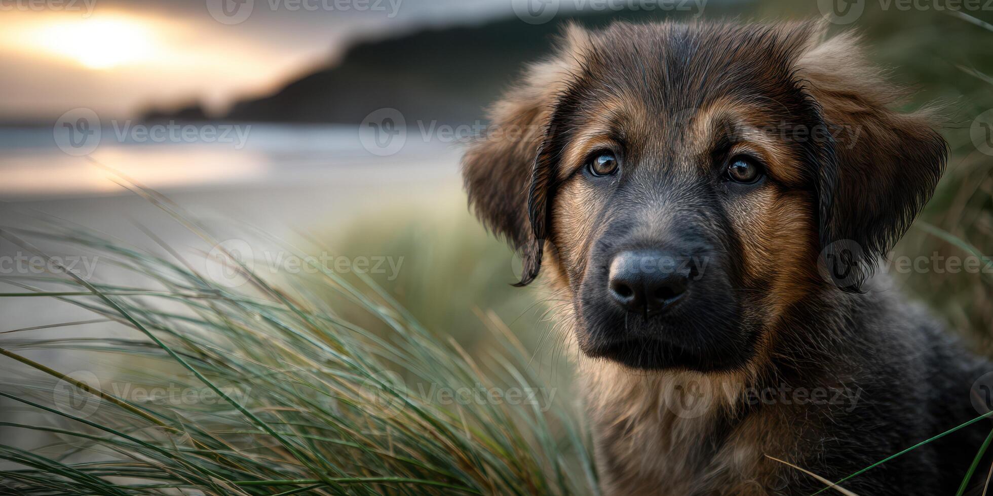 Young dog sitting on grass by the beach at sunset with a scenic view in the background photo