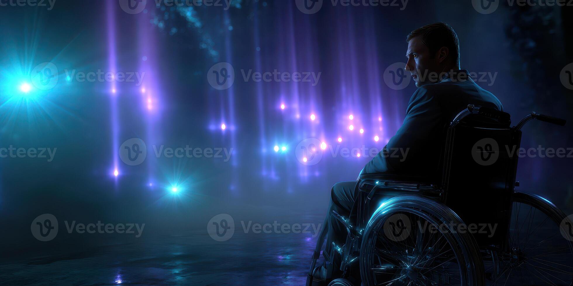 Man in a wheelchair reflects on life under colorful lights in an emotional evening setting photo