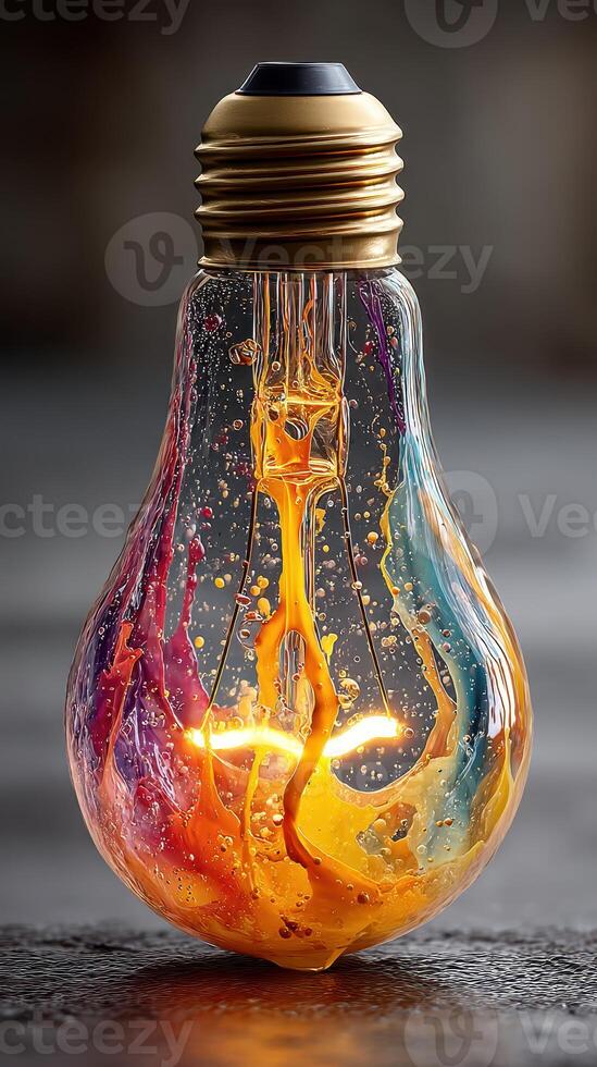 Colorful liquid swirling inside a light bulb creating a vibrant artistic display photo