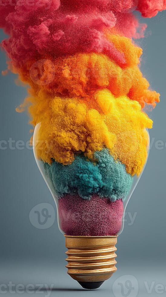 Colorful powder explosion inside a light bulb creating a striking visual effect in artistic composition photo