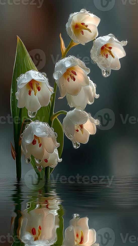 Elegant white flowers reflected in still water during the early morning hours in a tranquil setting photo