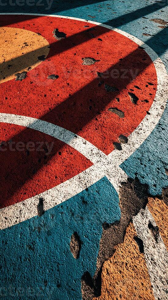 Colorful and worn basketball court surface showing vibrant patterns and weathering in the sunlight during afternoon hours photo