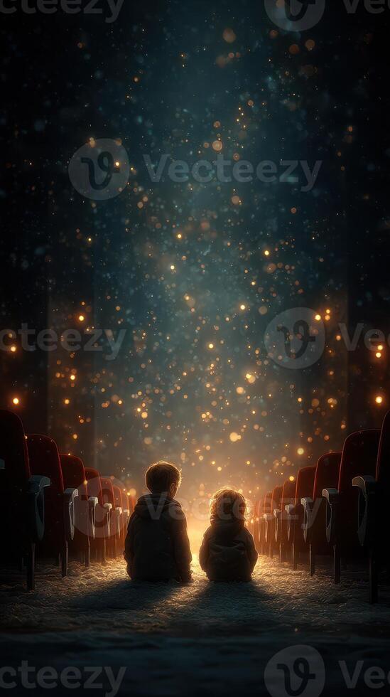 Children enjoy a magical moment in a dimly lit theater filled with sparkling lights during a captivating performance photo