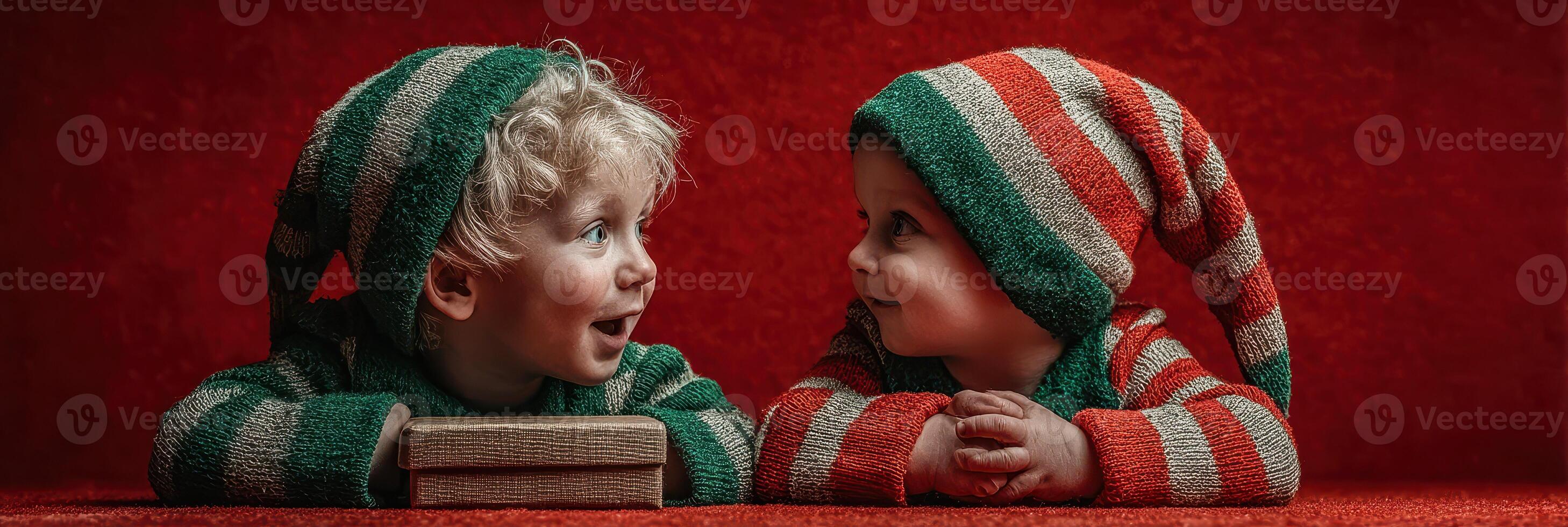Cheerful children dressed in festive elf attire celebrating the holiday season with joy and laughter in a cozy indoor setting photo