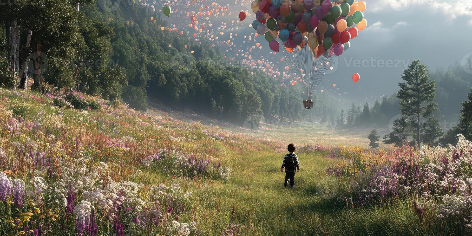 Child walks in a vibrant meadow while watching colorful balloons lift into the sky during a bright afternoon photo