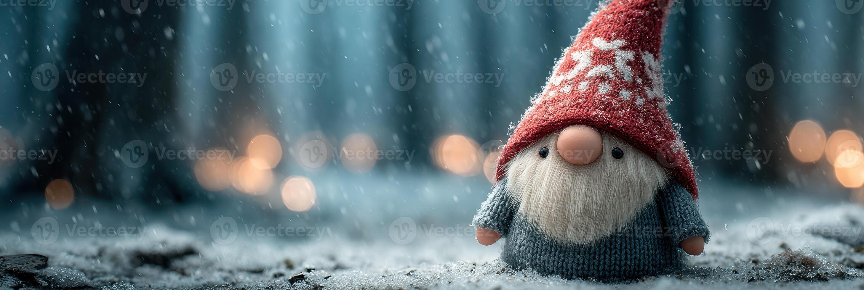 Festive gnome stands in a snowy forest during winter, surrounded by softly glowing lights and falling snowflakes photo