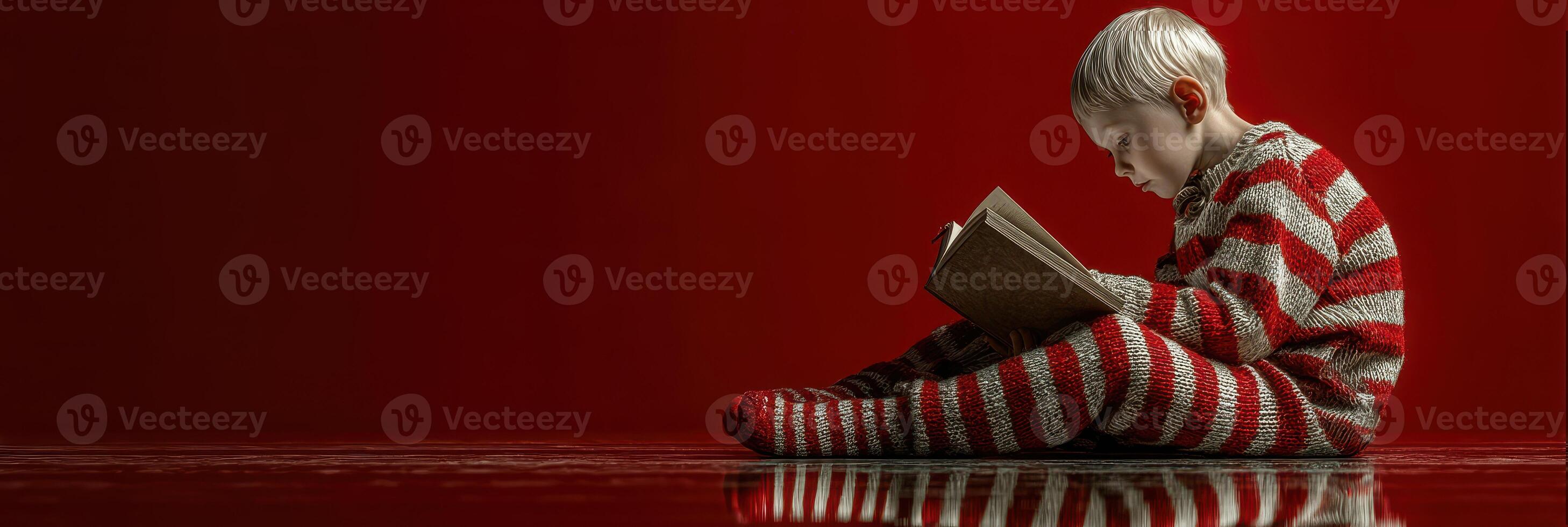 Child reading a book while sitting on reflective surface in a red-themed room during playful moment photo