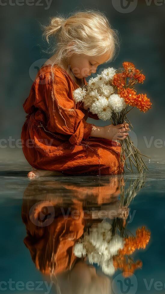 Young child kneels by water holding colorful flowers while reflecting on serene nature in stunning sunlight photo