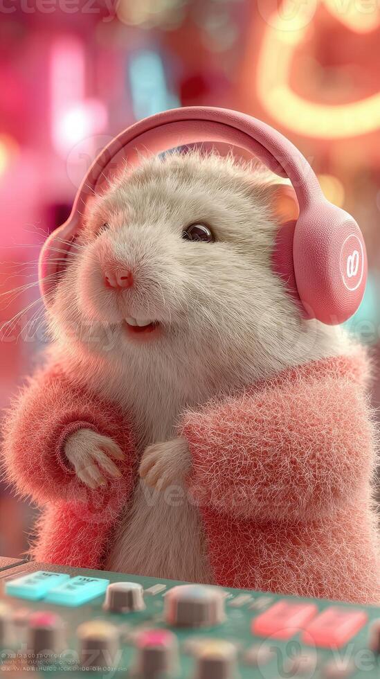 Festive hamster DJ creates an upbeat atmosphere with colorful lights and electronic beats in a lively club setting photo