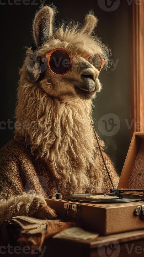 Llama in sunglasses enjoys music while spinning records in a cozy room during the afternoon photo