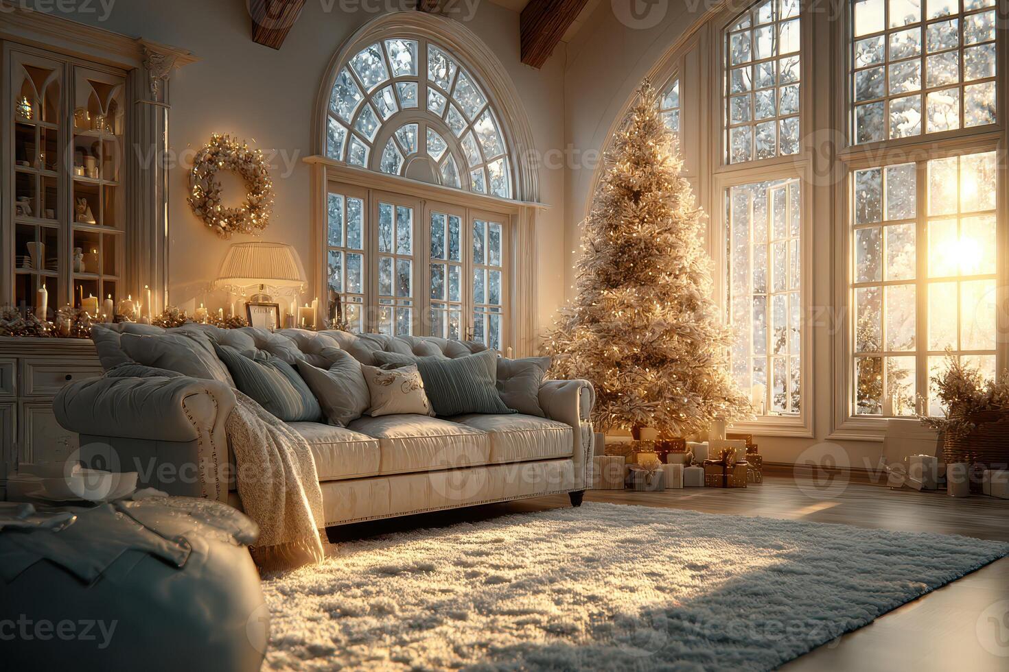Cozy winter living room with a decorated Christmas tree and warm sunlight streaming through large windows photo