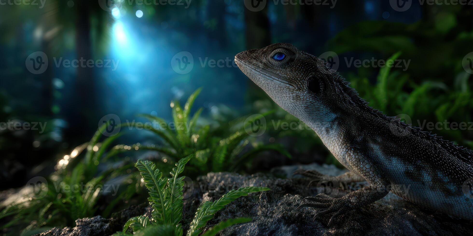 Lizard basking under soft blue light in a lush forest setting, showcasing intricate details and textures photo