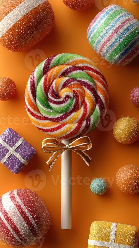 Colorful candy arrangement featuring a large swirl lollipop and various shaped confections on an orange background photo