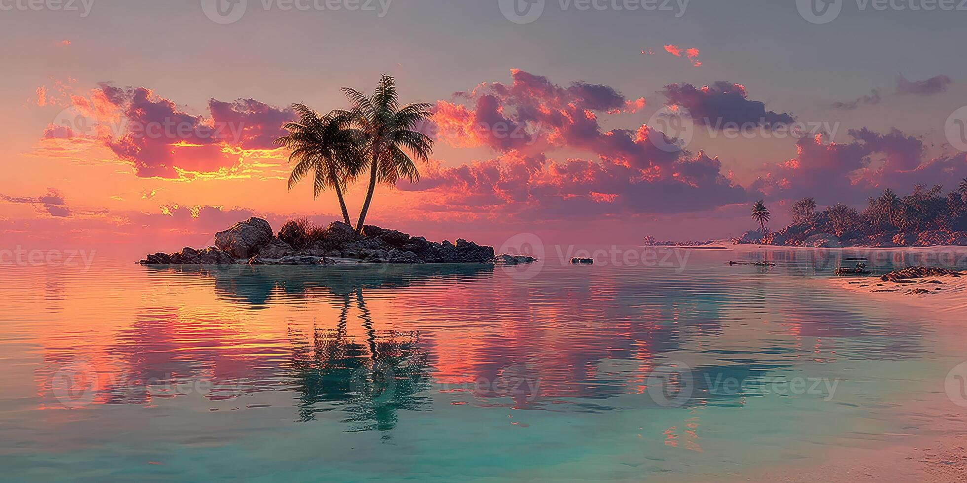 Sunset over calm waters with palm trees and tranquil island in a tropical paradise photo