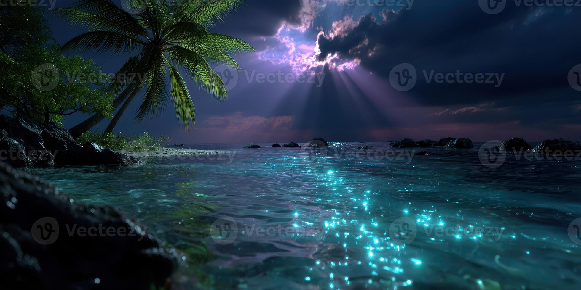 Dramatic nighttime seascape with lightning illuminating the water and palm trees on a tropical shore photo