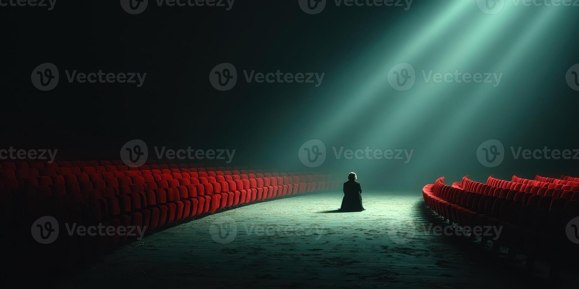 Lonely figure sitting in an empty theater illuminated by a single beam of light during a quiet evening performance photo