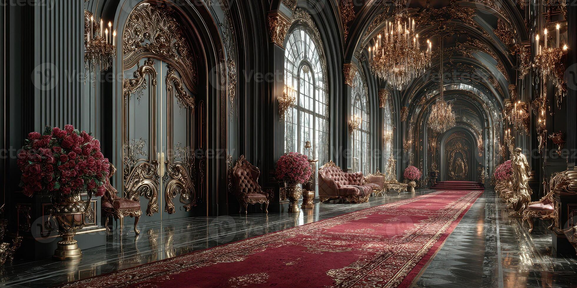 Luxurious hallway adorned with chandeliers and elegant furniture in a grand historic building photo