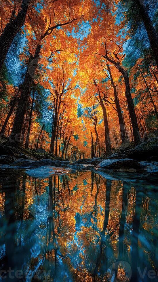 Vibrant autumn colors reflect in a serene forest stream under a clear blue sky photo