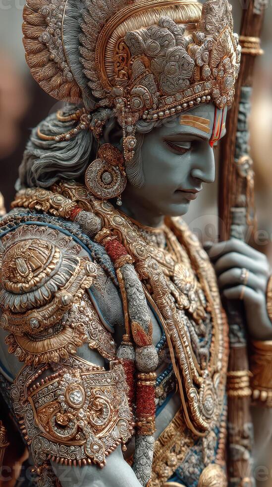 Exquisite close-up of a detailed statue depicting a historical figure adorned with ornate jewelry and intricate designs photo