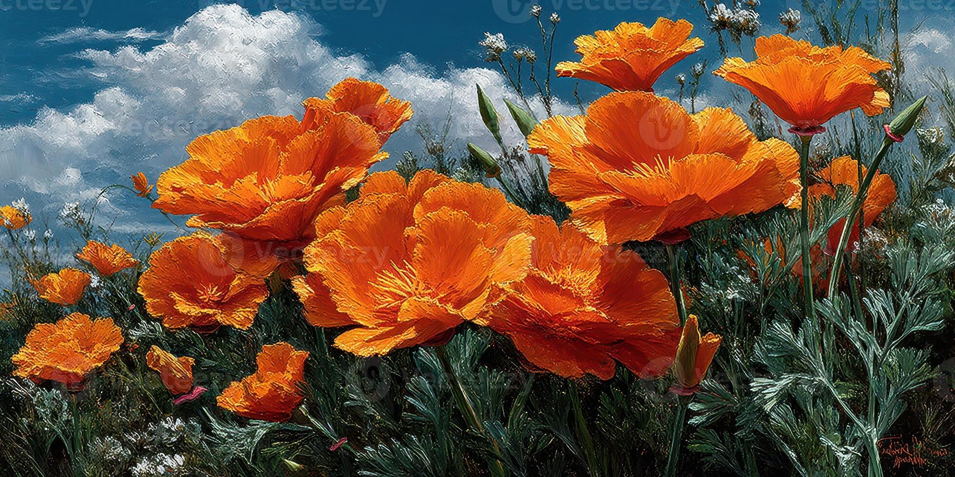Vibrant orange poppies bloom in a sunny meadow under blue skies with fluffy clouds during springtime photo