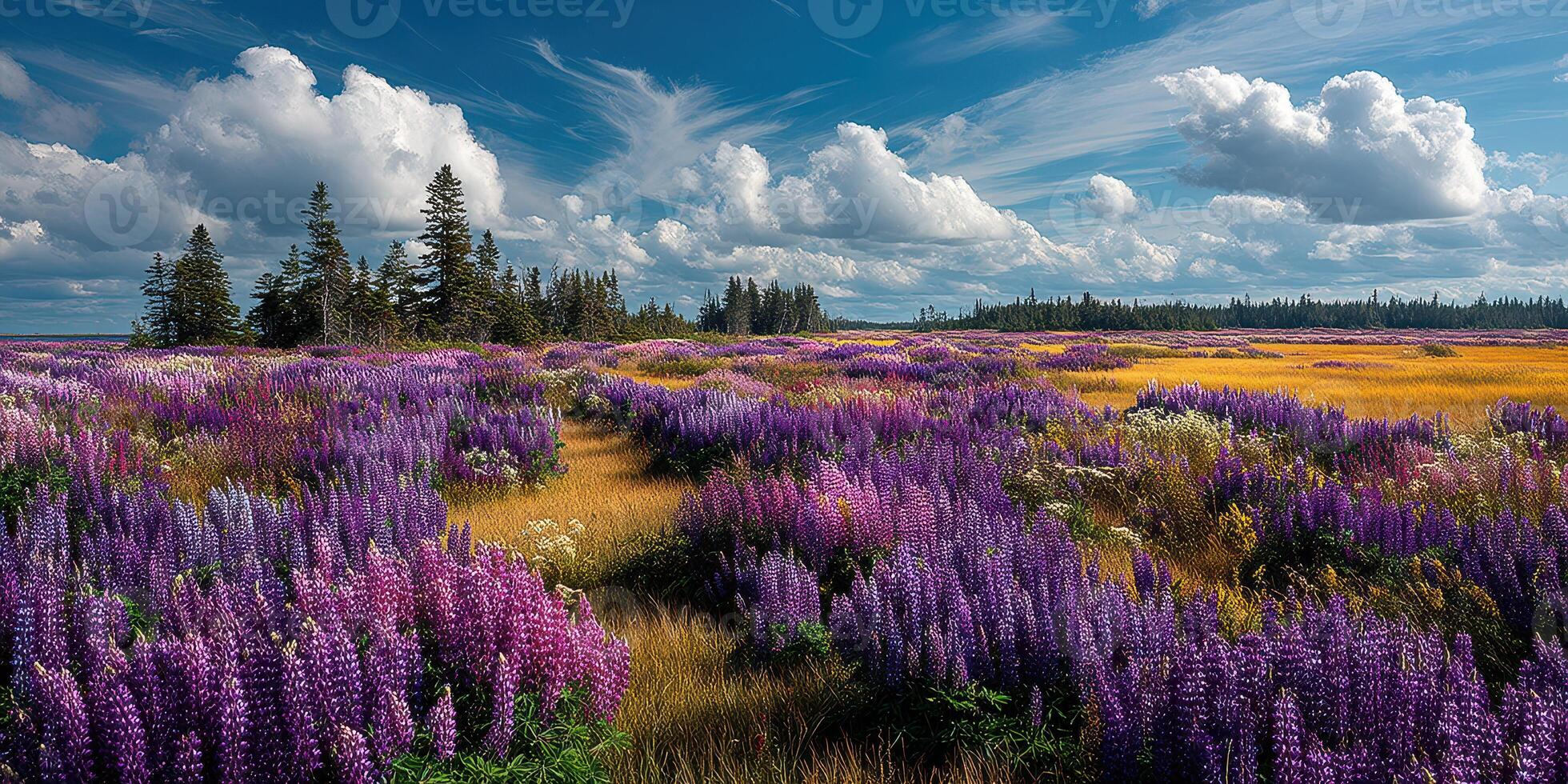Stunning wildflower field with vibrant purple lupins under a clear blue sky in late spring photo