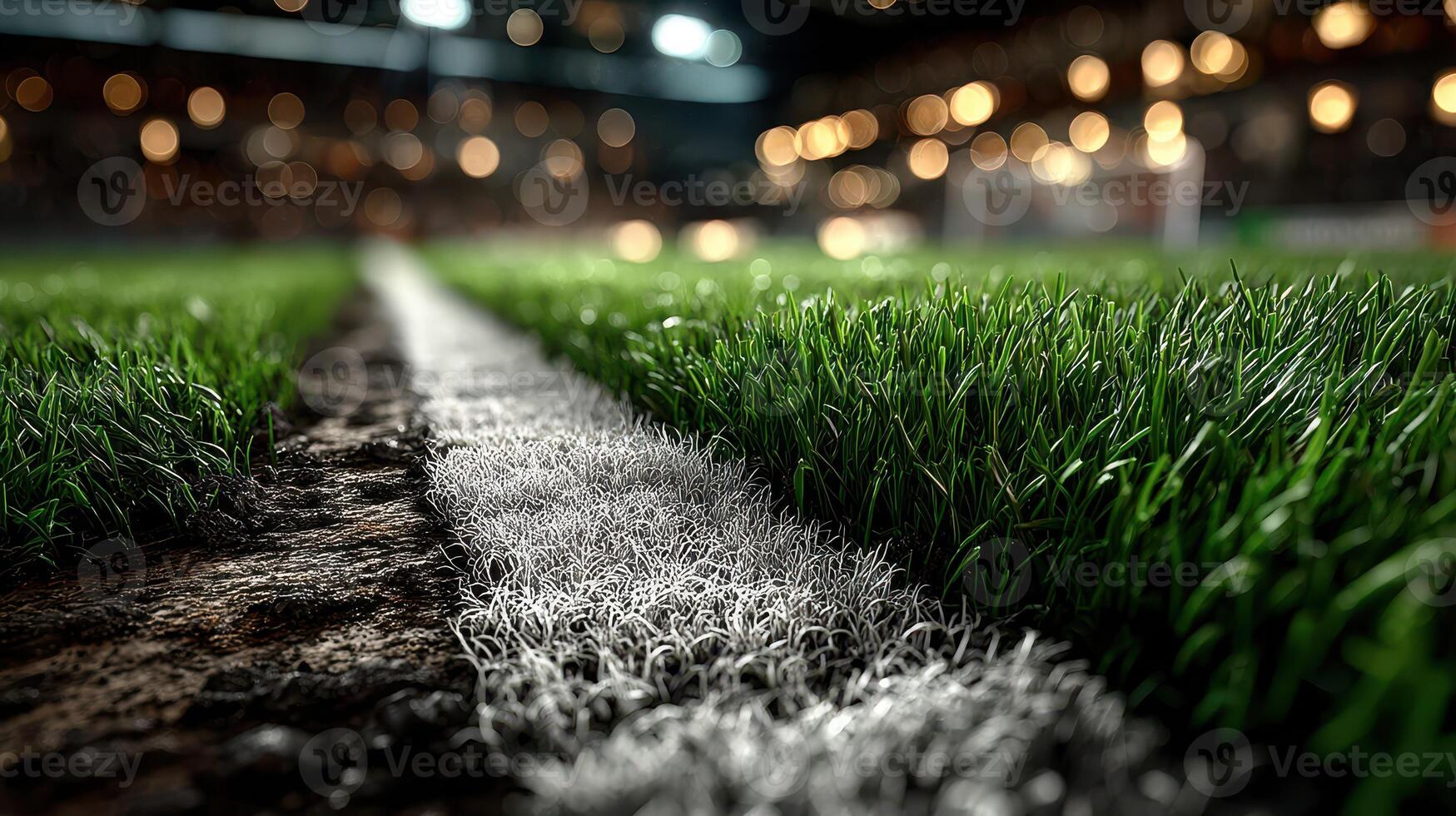 Detailed view of a soccer field boundary with vibrant grass before a match in an indoor stadium photo