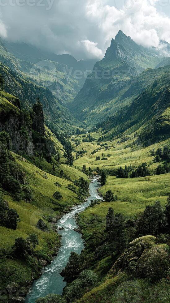 Stunning mountain valley with a winding river and lush greenery under cloudy skies in the early morning photo