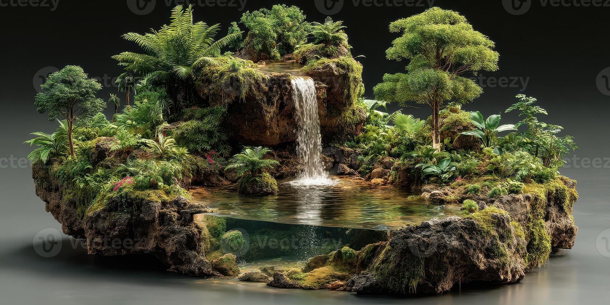 Miniature landscape with waterfall and lush greenery designed for tranquil relaxation photo