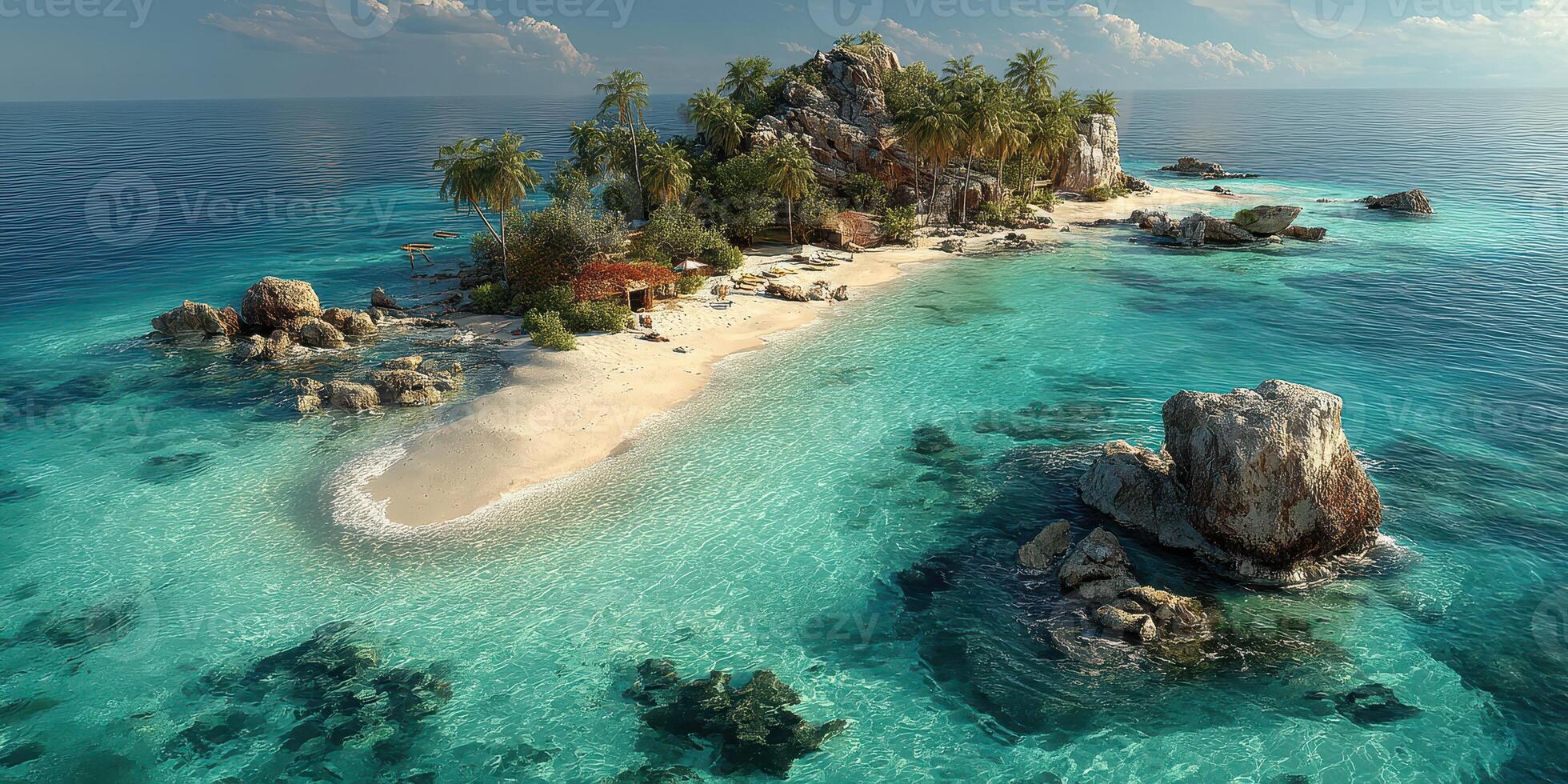 Tropical island paradise with clear turquoise waters and lush greenery under a bright blue sky photo