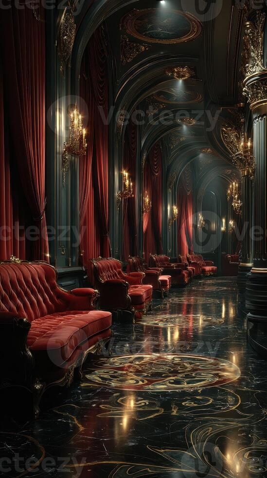 Luxurious interior featuring ornate decor, velvet seating, and elegant lighting in a dimly lit hall photo