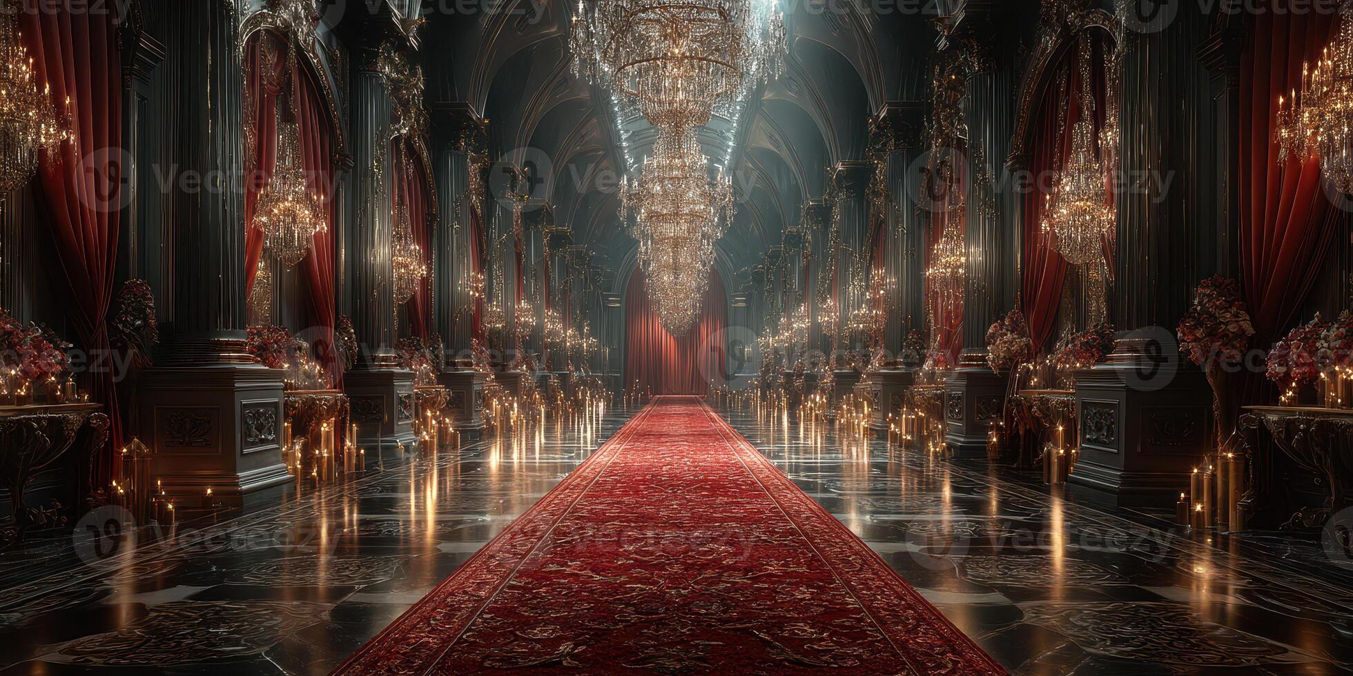 Elegant grand hall adorned with chandeliers and red carpet illuminated by candles during a lavish evening gathering photo