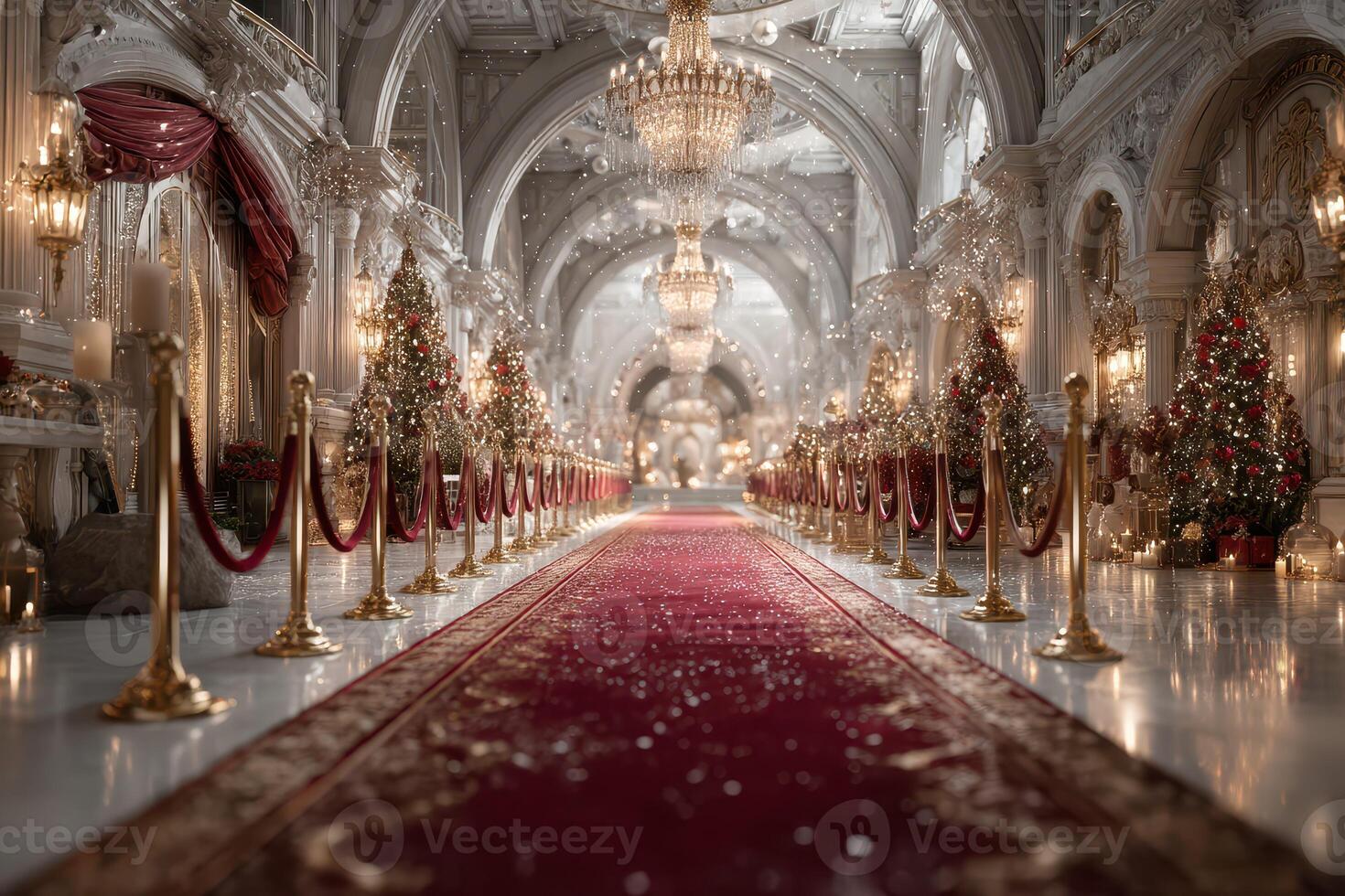 Festively decorated grand hall with lavish ornaments and a red carpet during the holiday season photo