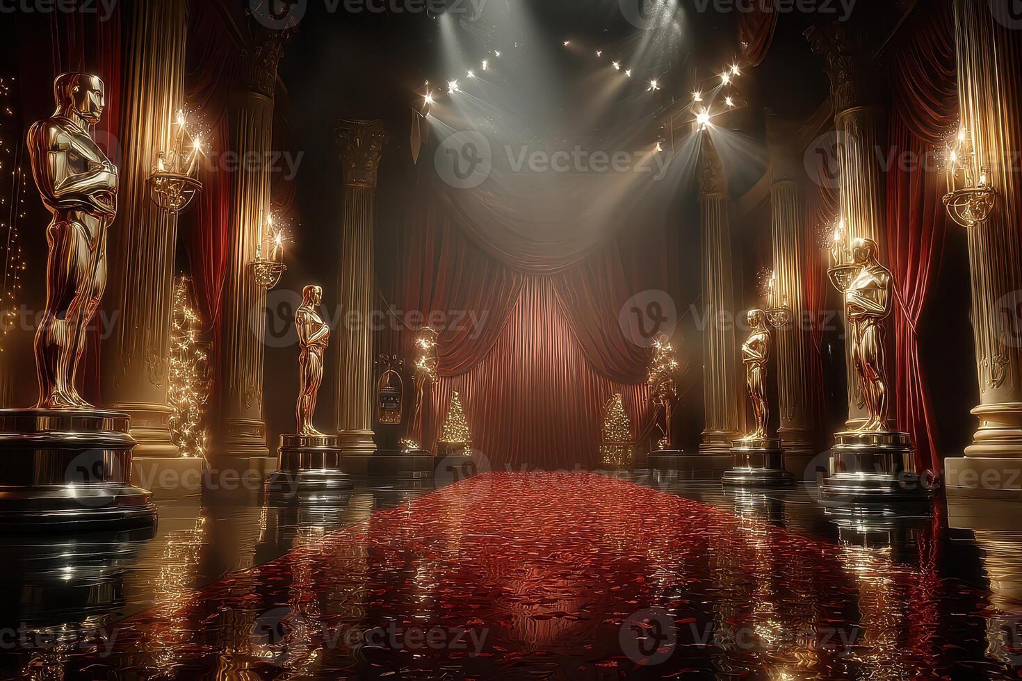 Golden statues decorate an elegant hallway during a glamorous awards ceremony event in a lavish venue photo