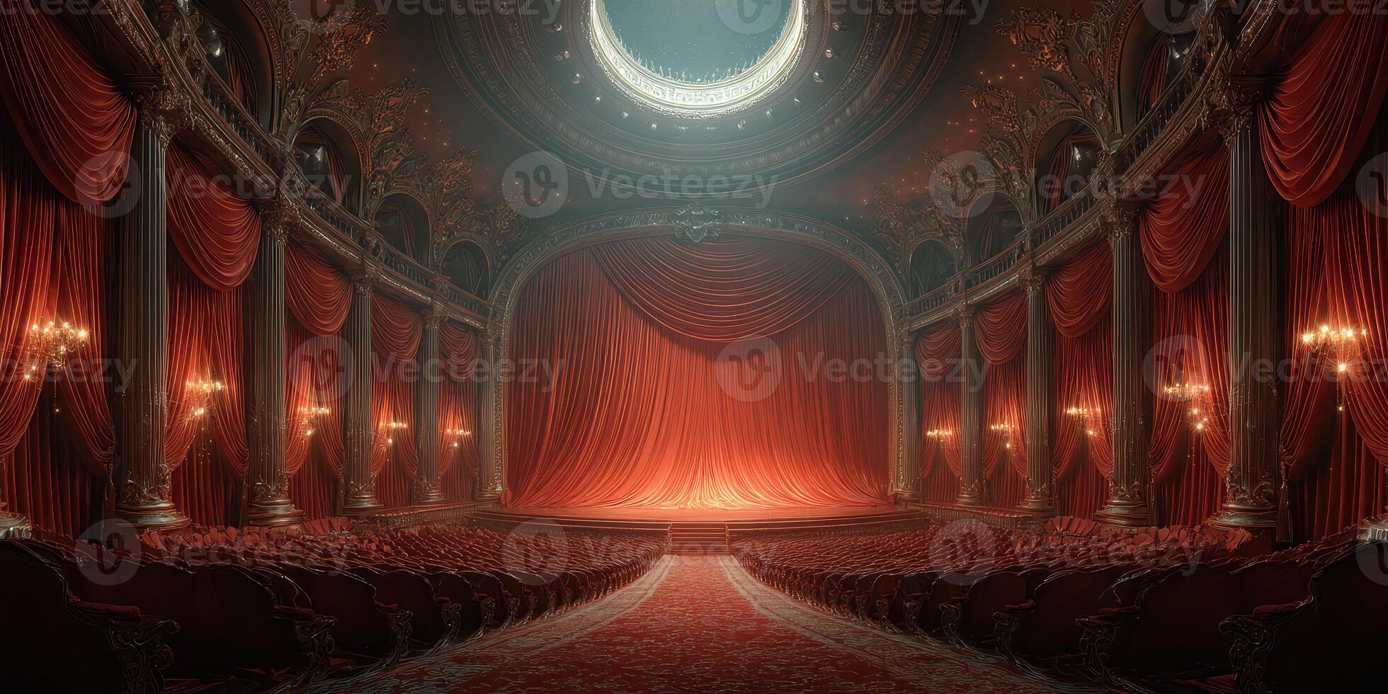 Elegant theater interior with rich red curtains and ornate decorations, perfect for a grand performance at night photo