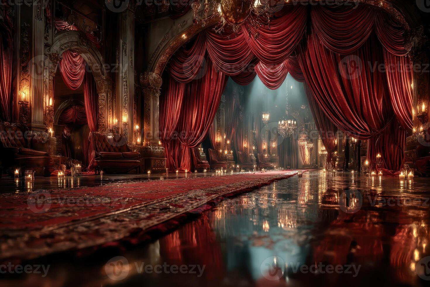 Elegant ballroom filled with red drapes, ornate decor, and soft lighting creating a warm atmosphere during a nighttime gathering photo