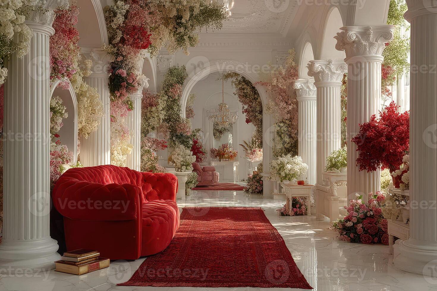 Elegant floral interior design showcasing vibrant red and white arrangements in an ornate space during daylight photo