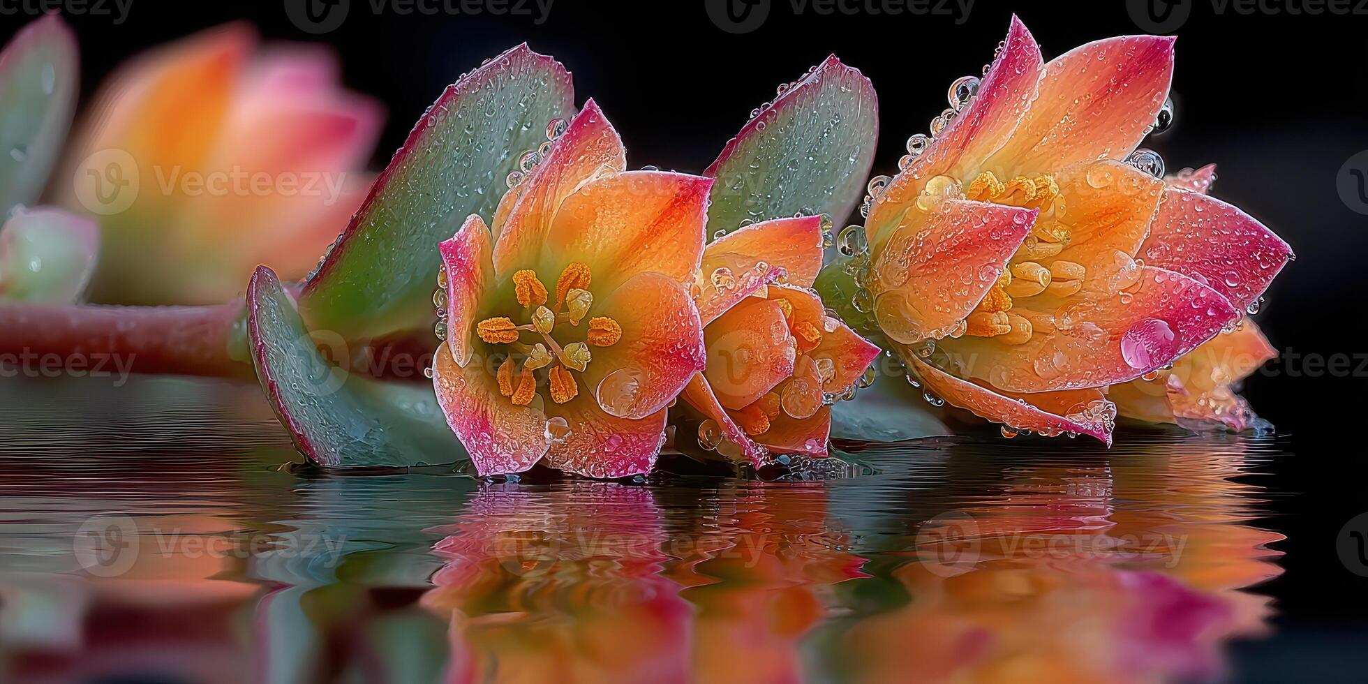 Colorful flowers with dew reflections in water create a serene and vibrant natural setting at dawn photo